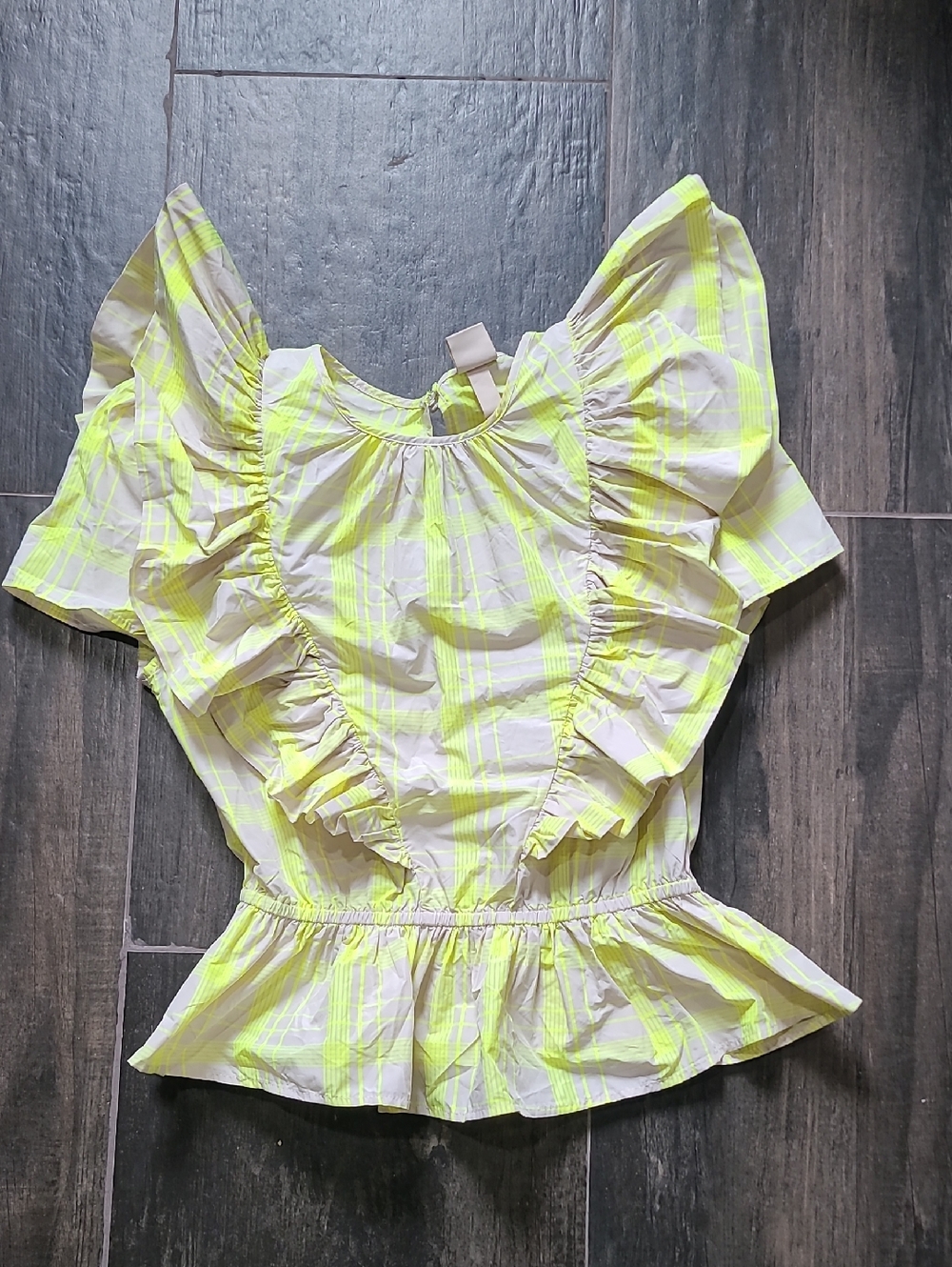 H&M Neon Yellow and White Ruffled Peplum Blouse